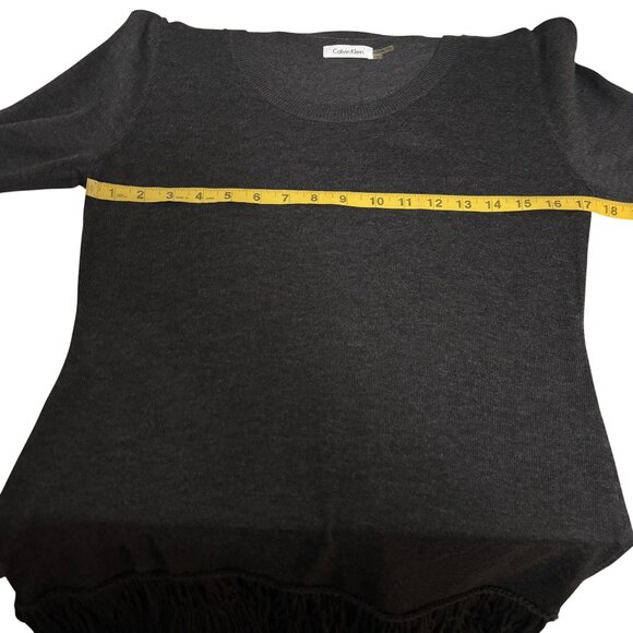 Calvin Klein Charcoal Gray Long Sleeve Dress With Fringe Hem Detail - Picture 7 of 8